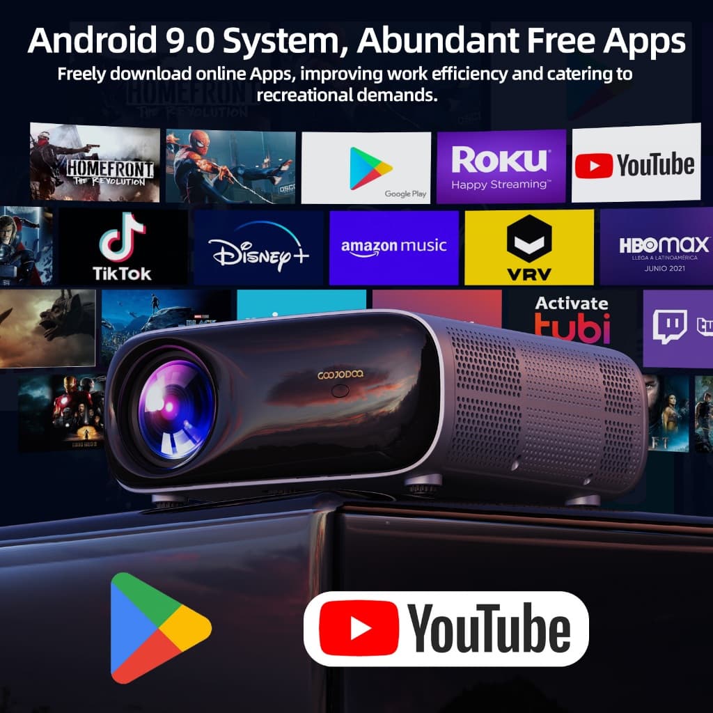GOOJODOQ โปรเจคเตอร์ Android TV รองรับ 4K 1080P HD โปรเจคเตอร์ Android 9.0 ระบบสําหรับแอปที่อุดมสมบูรณ์สูงสุด 300 จอแสดงผลการฉายภาพขนาดใหญ่ https://wayoza.com