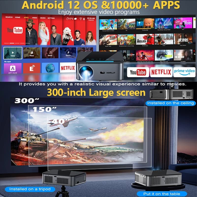 Horlat T07 โปรเจคเตอร์ Android TV 8K โฟกัสอัตโนมัติ wifi Projector โปรเจคเตอร์ 1200ANSI ความสว่างสูง Auto Focus keystone https://wayoza.com