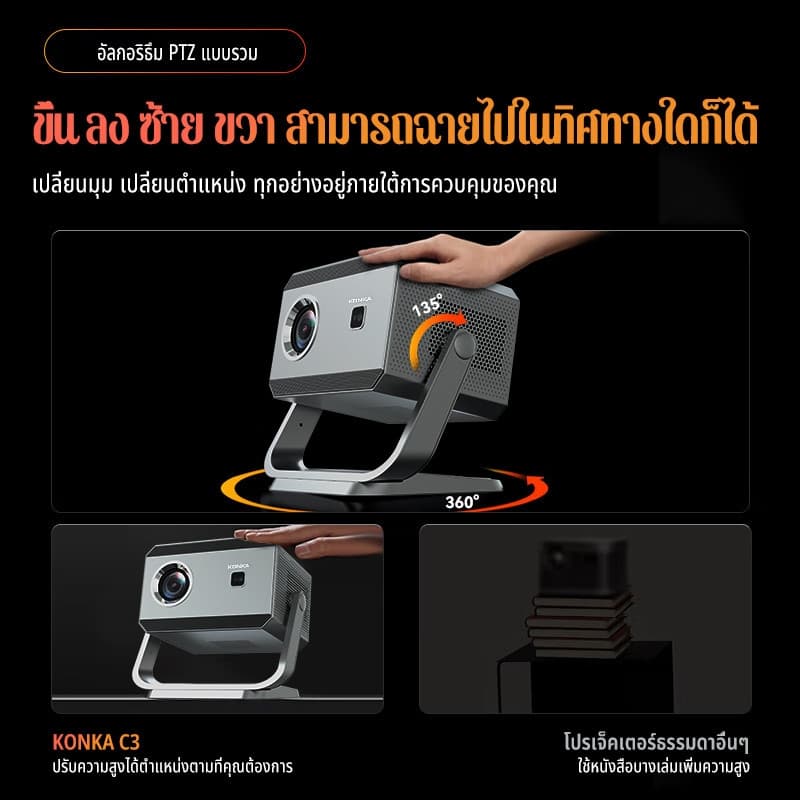 KONKA C3 โปรเจคเตอร์ Android TV 4K เชื่อมต่อ wifi bluetooth mini projector android projector 360° โปรเจคเตอร์หมุนได้ แบบพกพา 3D โฮมเธียเตอร์ โรงหนัง โปรเจคเตอร์ https://wayoza.com