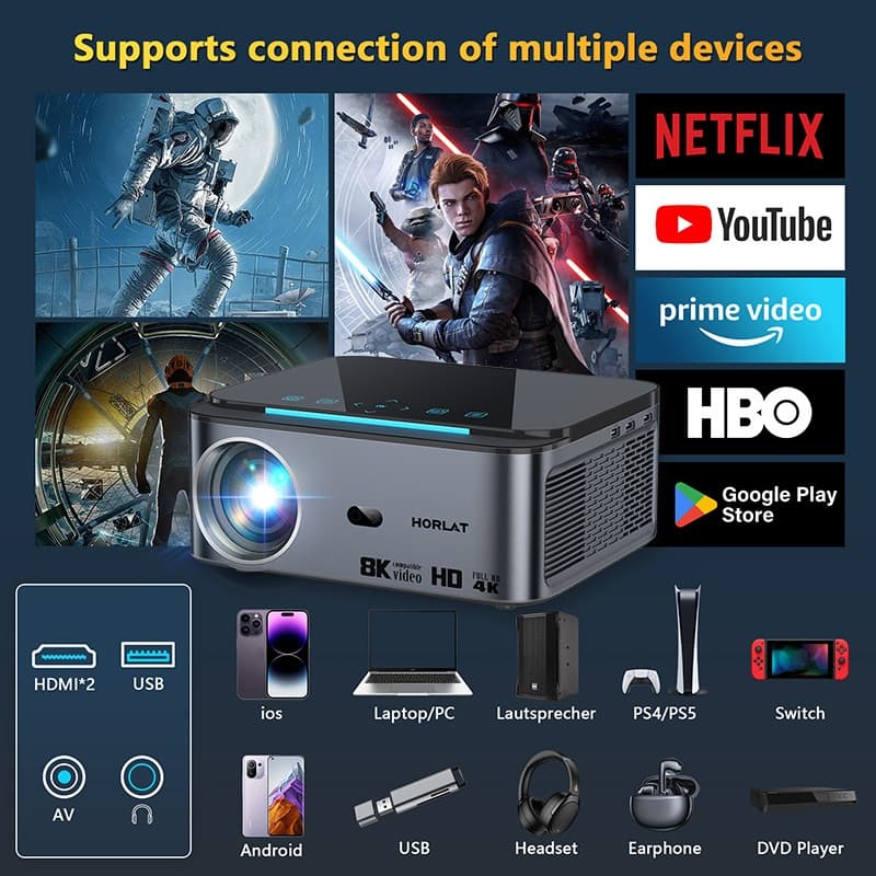 Horlat T07 โปรเจคเตอร์ Android TV 8K โฟกัสอัตโนมัติ wifi Projector โปรเจคเตอร์ 1200ANSI ความสว่างสูง Auto Focus keystone https://wayoza.com