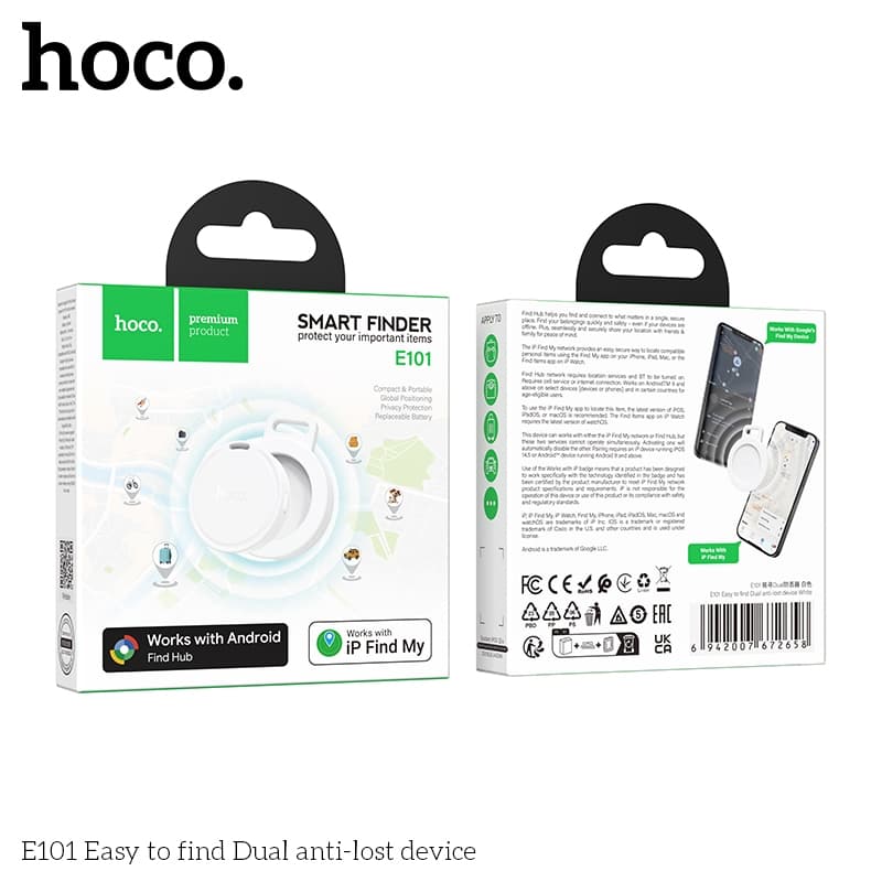 hoco รุ่น E101 เครื่องติดตาม GPS สำหรับ Android และ iOS พวงกุญแจ รองรับเครือข่าย Google Find Hub และ iOS Find My https://wayoza.com