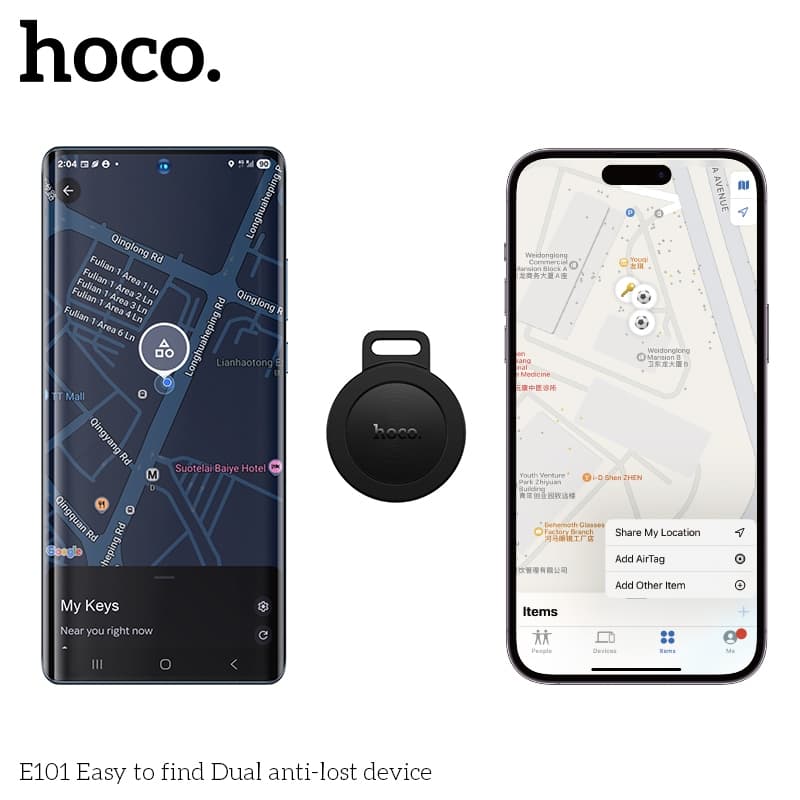 hoco รุ่น E101 เครื่องติดตาม GPS สำหรับ Android และ iOS พวงกุญแจ รองรับเครือข่าย Google Find Hub และ iOS Find My https://wayoza.com