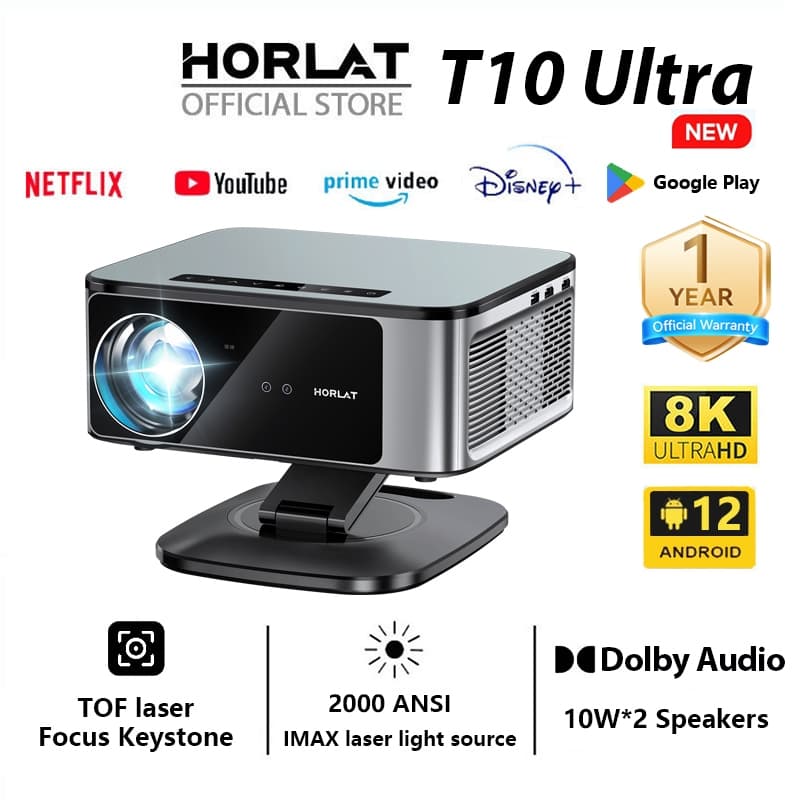 Horlat T10 Ultra โปรเจคเตอร์ Android TV 8K โฟกัสอัตโนมัติ 2000 ANSI laser projector 8k รองรับการฉายด้านข้าง โปรเจคเตอร์ android TV 12/Dolby Audio 20W https://wayoza.com
