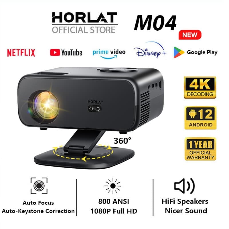 Horlat M04 mini โปรเจคเตอร์ Android TV 4K โฟกัสอัตโนมัติ projector Wifi 800ANSI FHD 1080P โปรเจคเตอร์ขนาดเล็กแบบพกพาในตัว 10W Dolby https://wayoza.com