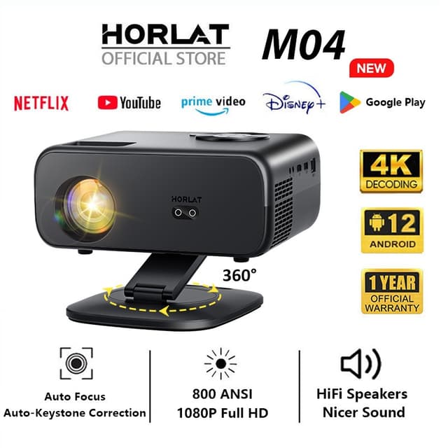 Horlat M04 mini โปรเจคเตอร์ Android TV 4K โฟกัสอัตโนมัติ projector Wifi 800ANSI FHD 1080P โปรเจคเตอร์ขนาดเล็กแบบพกพาในตัว 10W Dolby