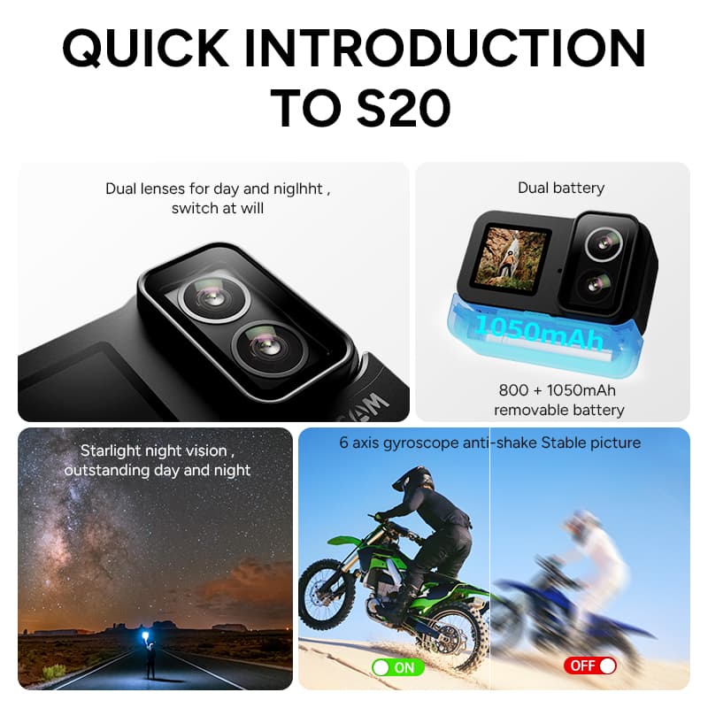 SJCAM SJ20 กล้องแอคชั่นเลนส์คู่ 4K 30FPS 800mAh + 1050mAh Action camera ใช้งานต่อเนื่อง : 150 นาที https://wayoza.com