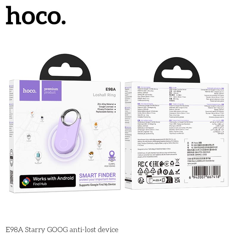 hoco รุ่น E98A เครื่องติดตาม GPS รองรับเครือข่าย Google Find Hub (ศูนย์การค้นหาของ Google) Android พวงกุญแจ https://wayoza.com