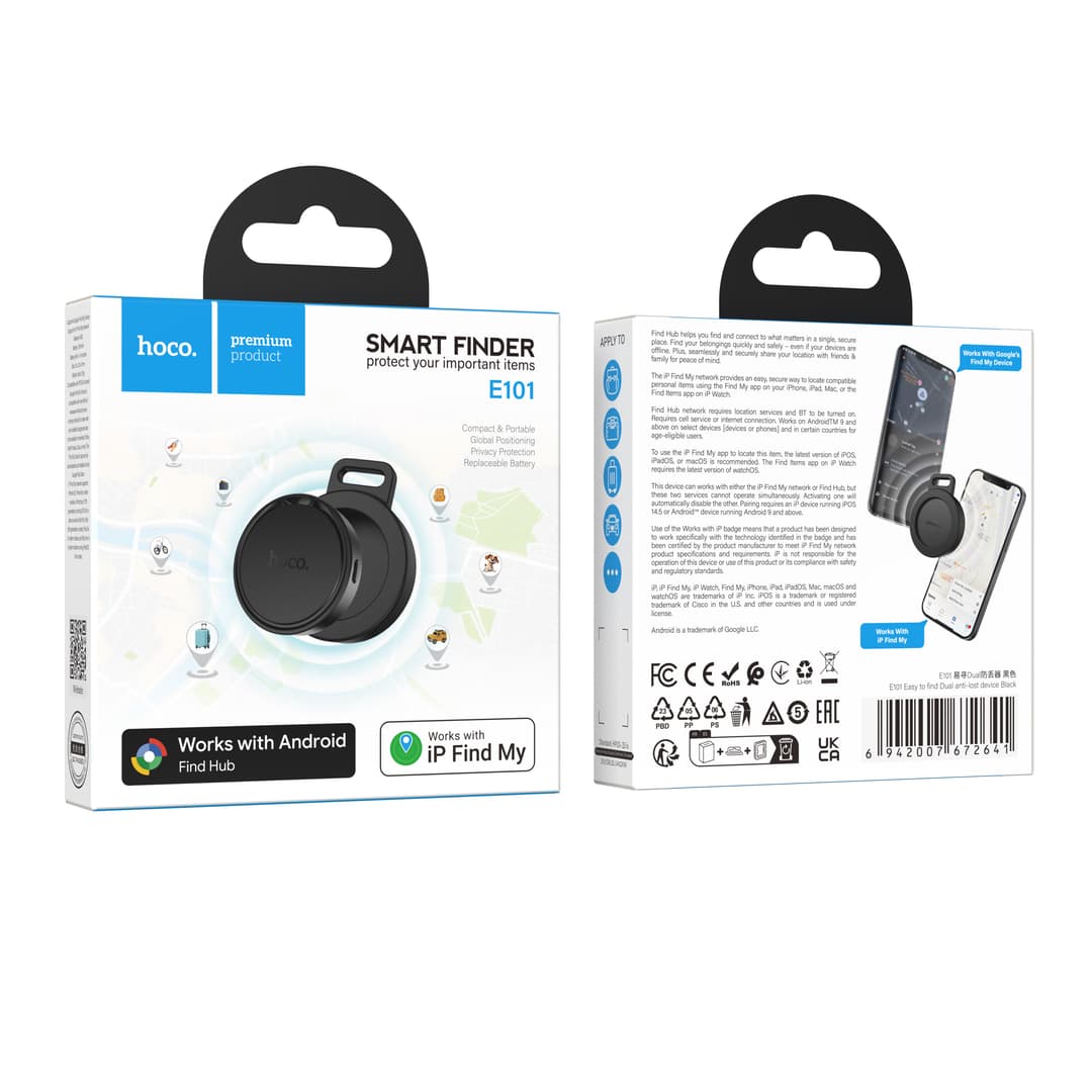 hoco รุ่น E101 เครื่องติดตาม GPS สำหรับ Android และ iOS พวงกุญแจ รองรับเครือข่าย Google Find Hub และ iOS Find My https://wayoza.com