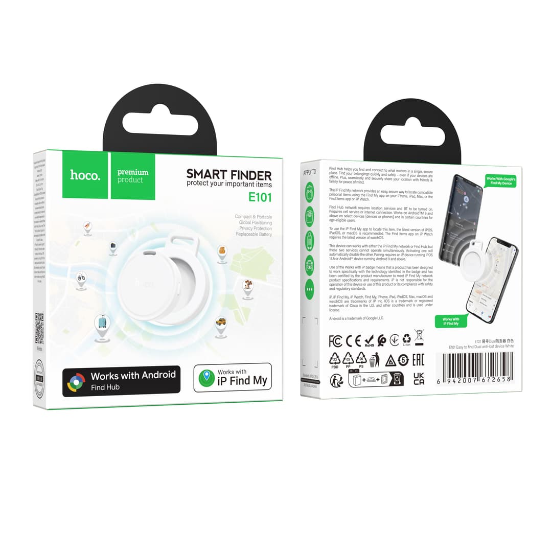 hoco รุ่น E101 เครื่องติดตาม GPS สำหรับ Android และ iOS พวงกุญแจ รองรับเครือข่าย Google Find Hub และ iOS Find My https://wayoza.com