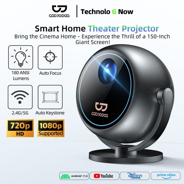 GOOJODOQ 180ANSI โปรเจคเตอร์ Android TV รองรับ 1080P โฟกัสอัตโนมัติ projector ดูหนัง โปรเจคเตอร์ขนาดเล็กซีกโลก 360 ° 720P HD