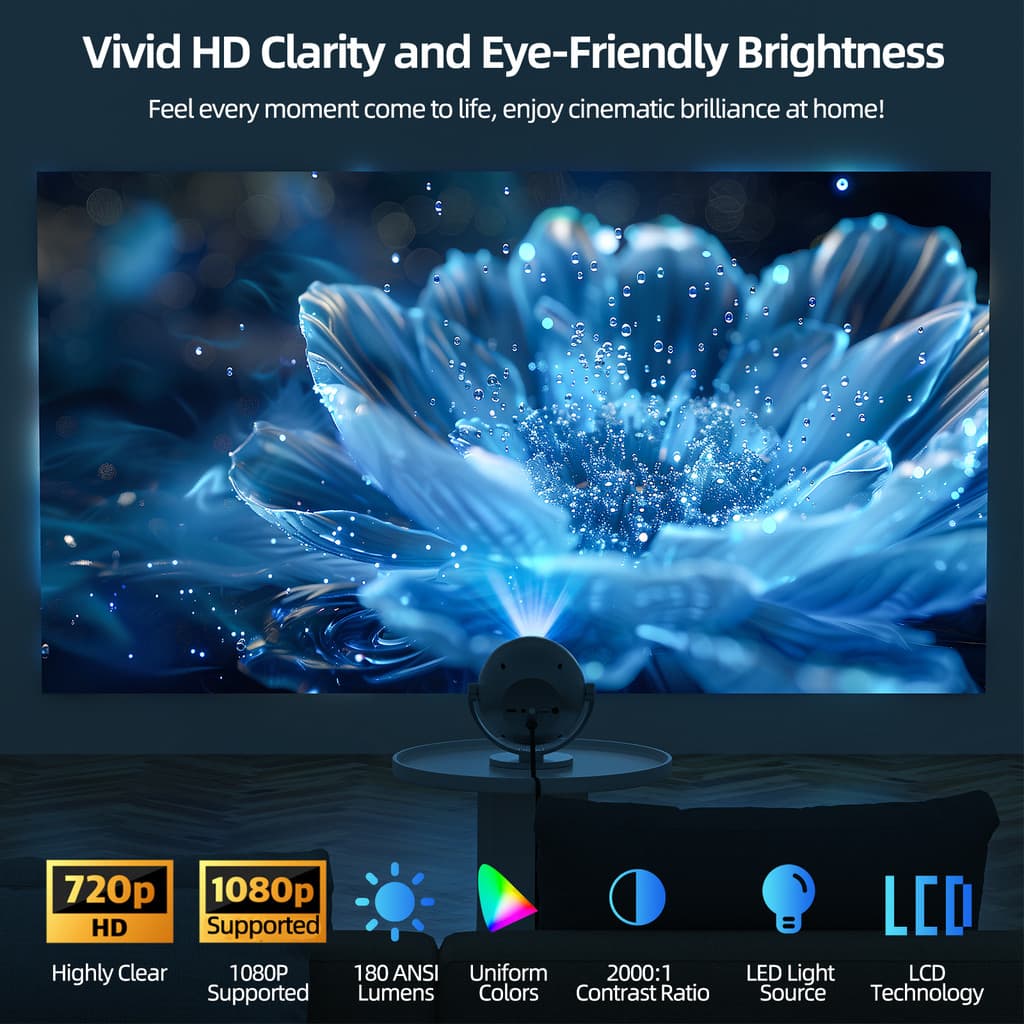 GOOJODOQ 180ANSI โปรเจคเตอร์ Android TV รองรับ 1080P โฟกัสอัตโนมัติ projector ดูหนัง โปรเจคเตอร์ขนาดเล็กซีกโลก 360 ° 720P HD https://wayoza.com