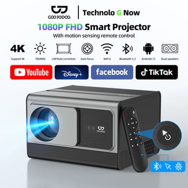 GOOJODOQ โปรเจคเตอร์ Android TV รองรับ 4K โฟกัสอัตโนมัติ 1080P FHD Smart Projector ลําโพงคู่ projector ดูหนัง Motion Sensing Remote Closed Optical Engine
