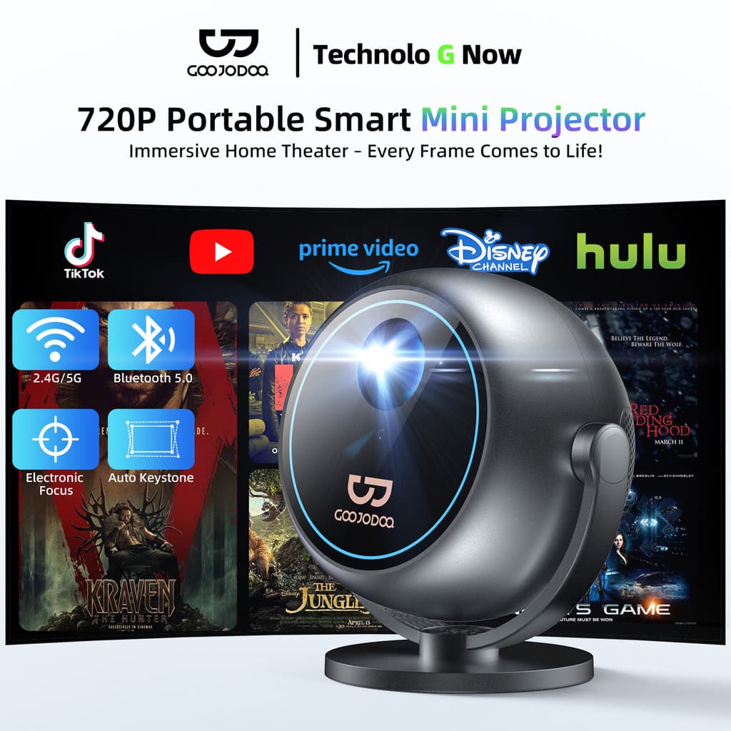 GOOJODOQ 180ANSI โปรเจคเตอร์ Android TV รองรับ 1080P โฟกัสอัตโนมัติ projector ดูหนัง โปรเจคเตอร์ขนาดเล็กซีกโลก 360 ° 720P HD https://wayoza.com