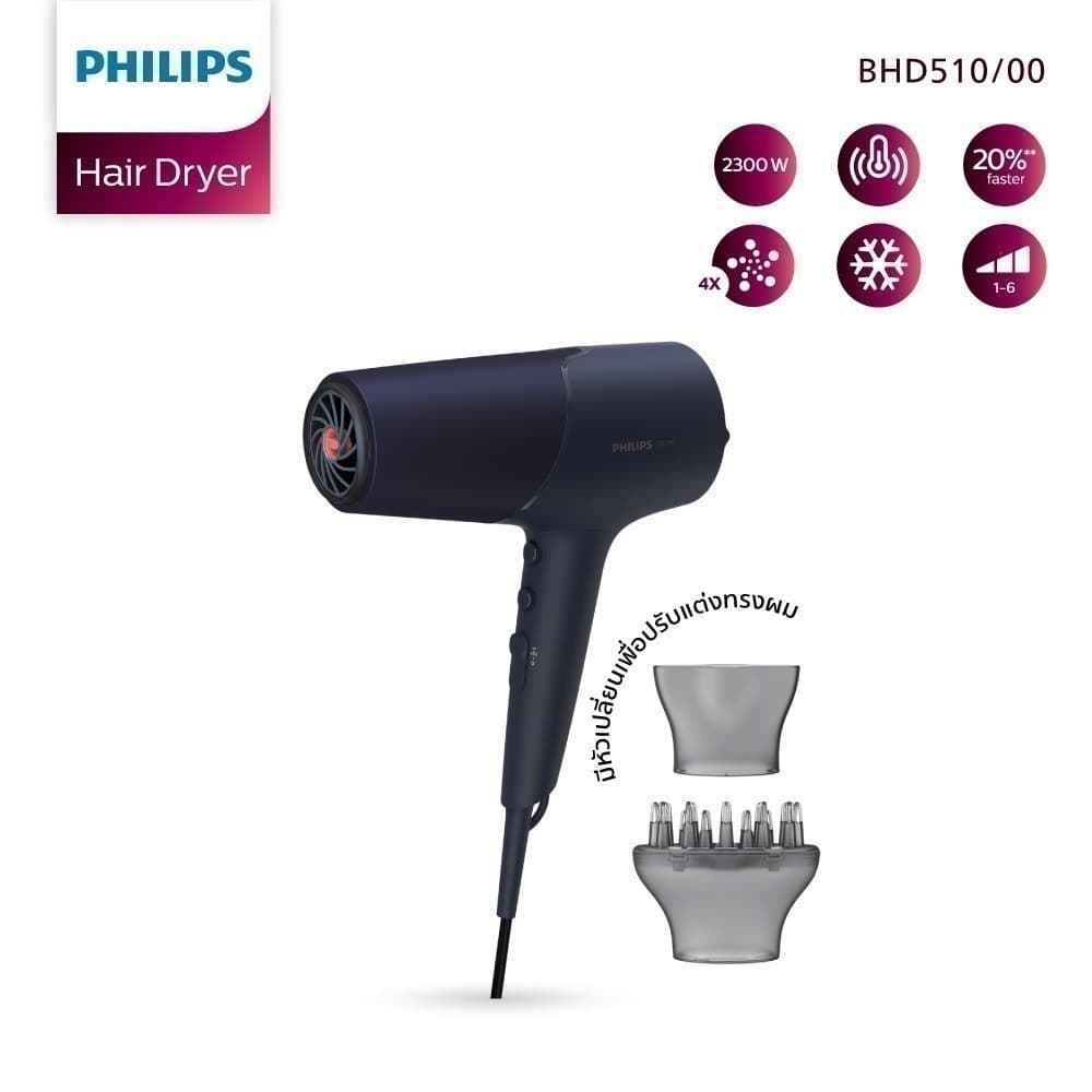 Philips รุ่น BHD510/00 ฟิลิปส์ ไดร์เป่าผม 2300W แรงลม 6 ระดับ ผมนุ่มเงางามด้วยพลังไอออนิค x4 https://wayoza.com