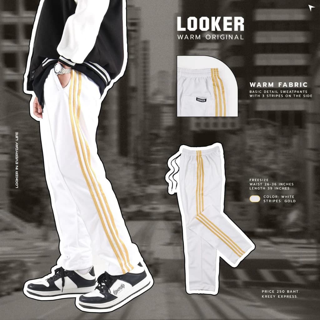 LOOKER - กางเกงขายาว กางเกงวอร์มขายาวรุ่นสามแถบ สีดำ สีขาว สีแดง สีเหลือง สีน้ำเงิน สีชมพู สีม่วง สีส้ม สีเขียวไมโล https://wayoza.com