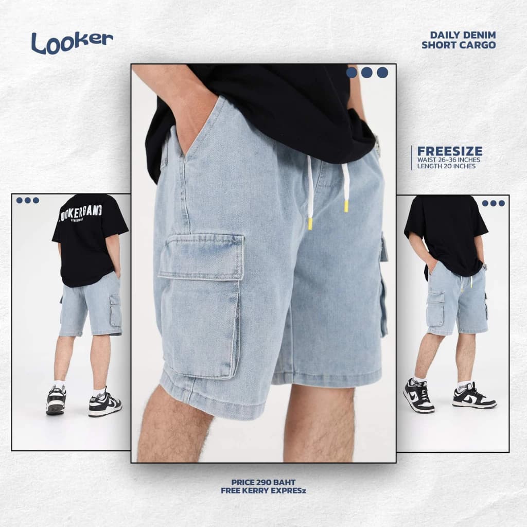 LOOKER - กางเกงยีนส์ขาสั้นเอวยางยืด cargo กางเกงคาร์โก้ขาสั้น สีฟอก สีดำ https://wayoza.com