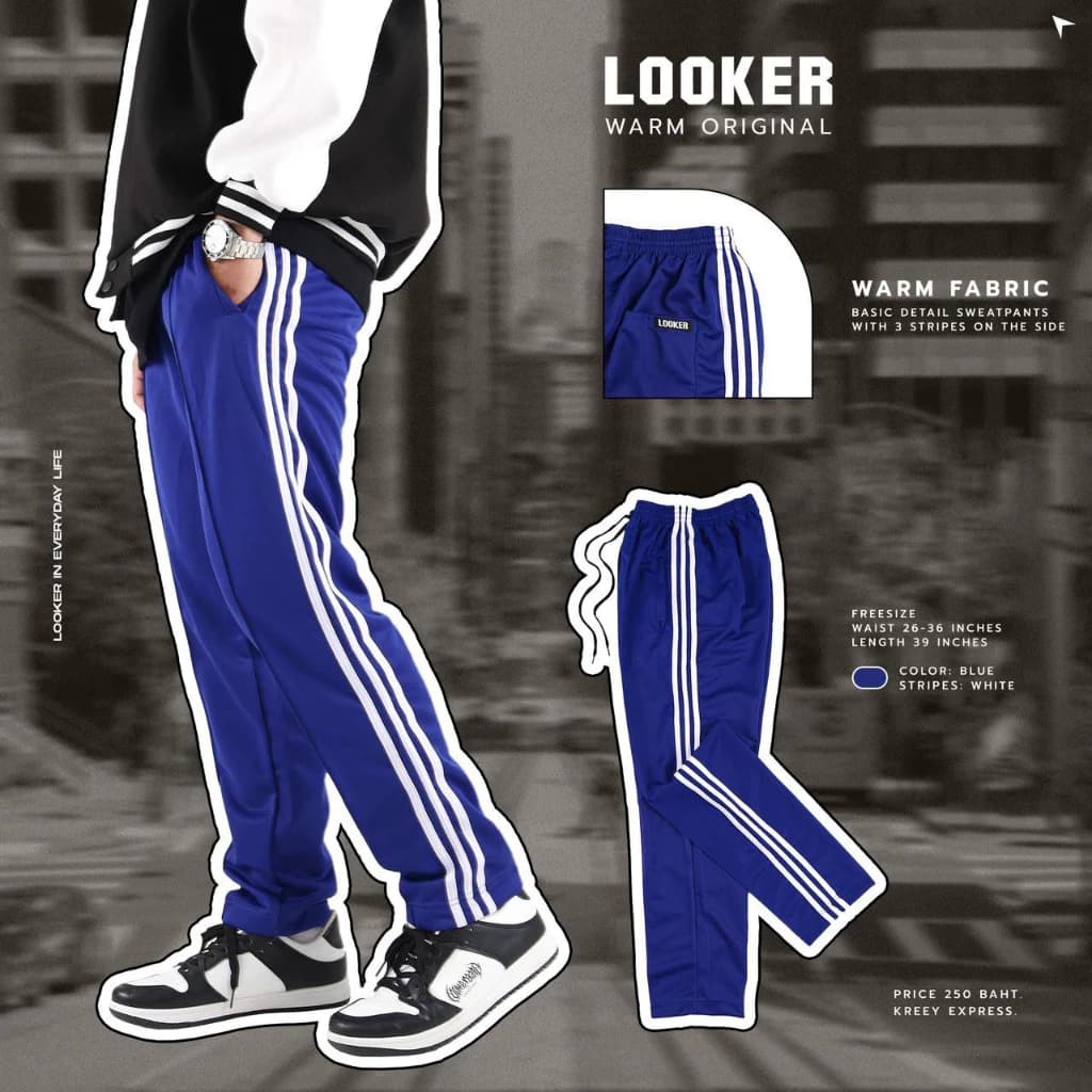 LOOKER - กางเกงขายาว กางเกงวอร์มขายาวรุ่นสามแถบ สีดำ สีขาว สีแดง สีเหลือง สีน้ำเงิน สีชมพู สีม่วง สีส้ม สีเขียวไมโล https://wayoza.com