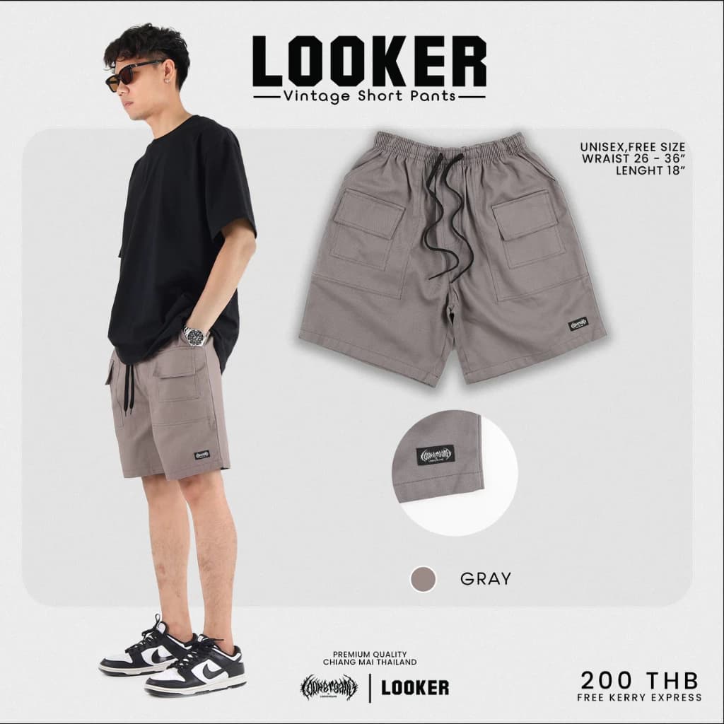 LOOKER - กางเกงขาสั้นเอวยางยืด สีดำ สีกรม สีเขียวขี้ม้า สีเทา สีครีมขาว สีครีมเหลือง https://wayoza.com
