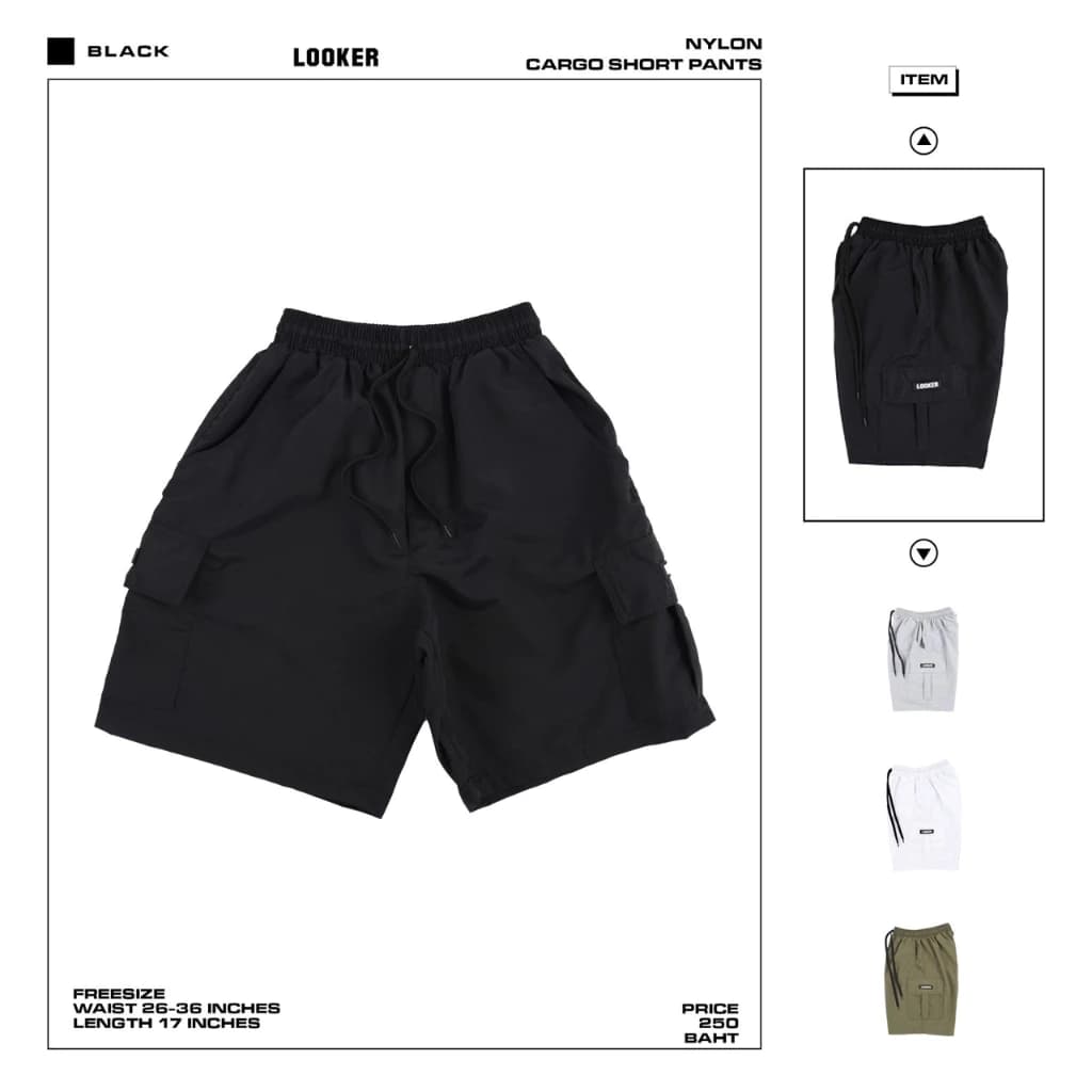 LOOKER - NYLON CARGO SHORT PANTS กางเกงขาสั้นคาร์โก้ สีขาว สีเขียว สีเทา สีดำ https://wayoza.com