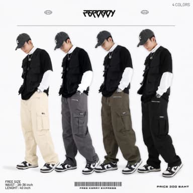 ZEROBOY - CARGO PANTS กางเกงคาร์โก้กระบอกใหญ่ 4 สี สีครีม สีดำ สีเทา สีเขียวขี้ม้า