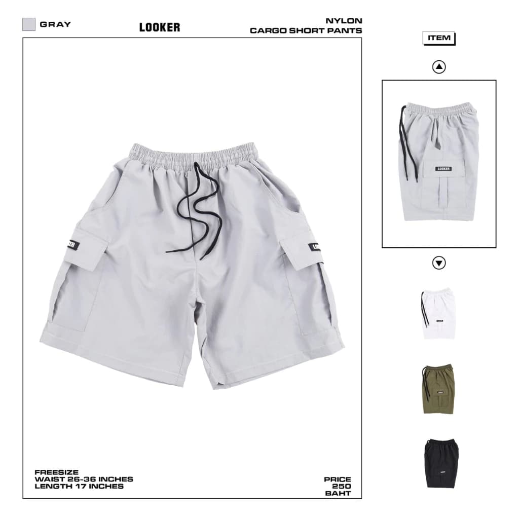 LOOKER - NYLON CARGO SHORT PANTS กางเกงขาสั้นคาร์โก้ สีขาว สีเขียว สีเทา สีดำ https://wayoza.com