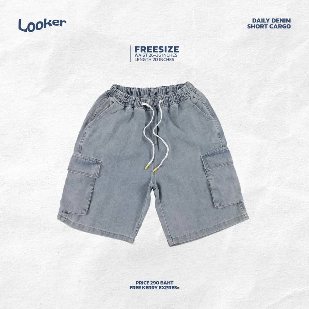 LOOKER - กางเกงยีนส์ขาสั้นเอวยางยืด cargo กางเกงคาร์โก้ขาสั้น สีฟอก สีดำ https://wayoza.com
