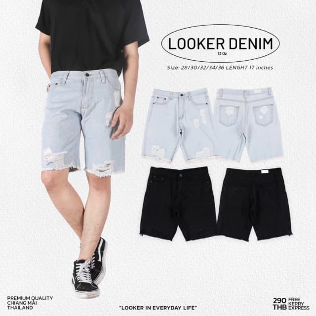 LOOKER - กางเกงยีนส์ขาสั้น สีดำ สีฟอก
