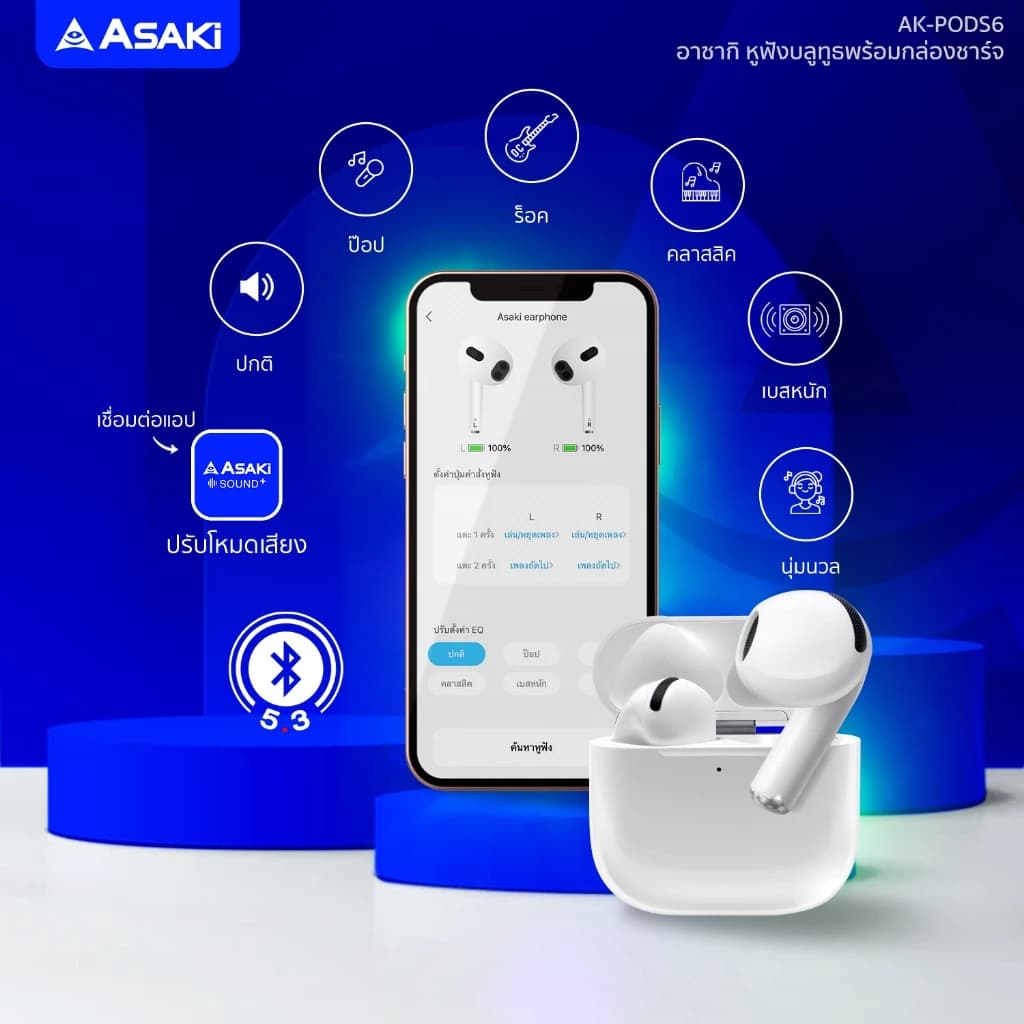 Asaki Earphone หูฟังบลูทูธ หูฟังไร้สาย พร้อมกล่องชาร์จ เสียงดัง เบสแน่น รุ่น AK-PODS6 ประกัน 1 ปี https://wayoza.com