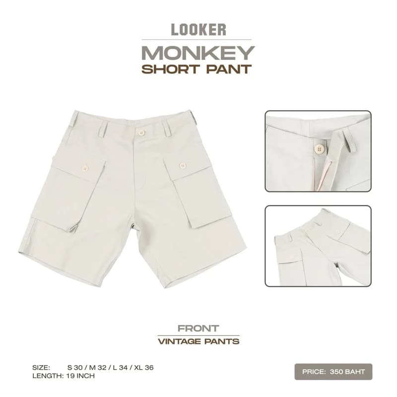 LOOKER - Monkey Short Pants กางเกงขาสั้น (กางเกงวินเทจ Monkey) สีครีมขาว สีดำ สีเขียว https://wayoza.com
