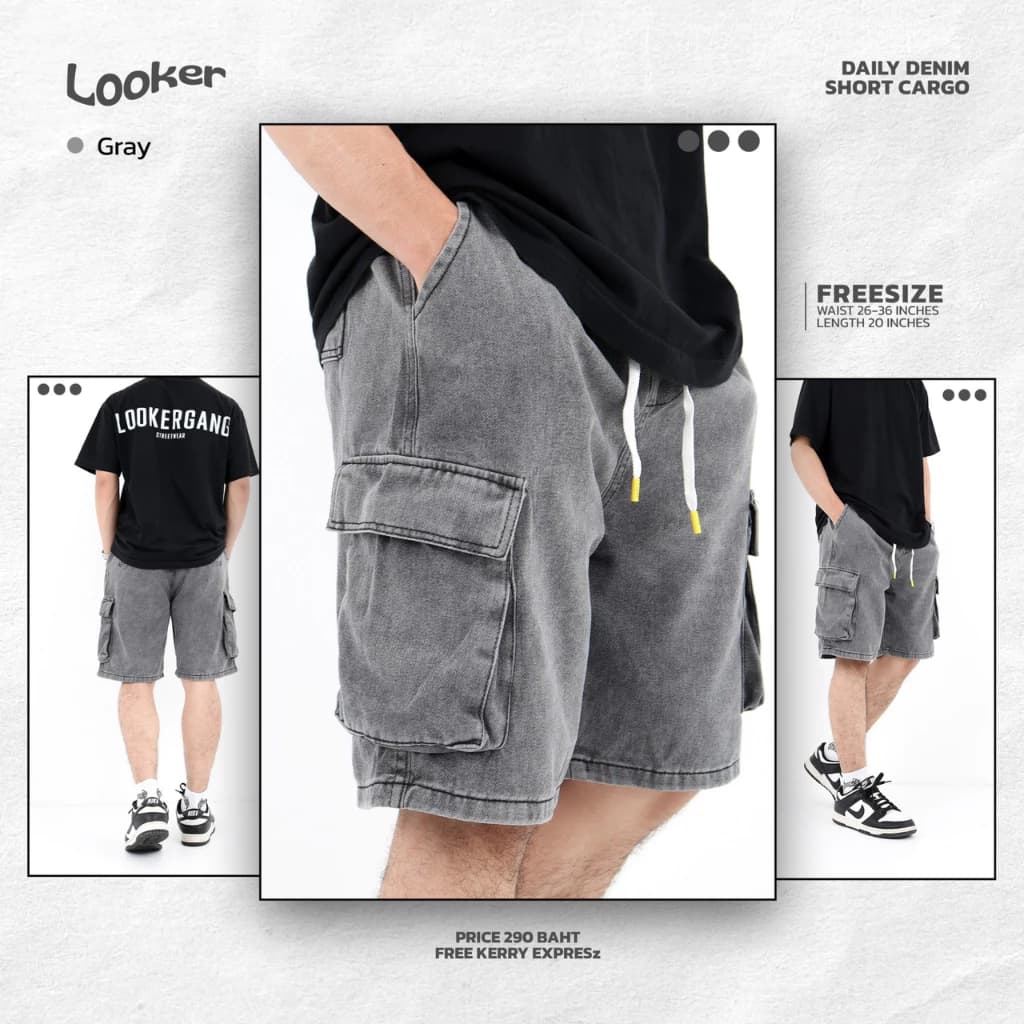 LOOKER - กางเกงยีนส์ขาสั้นเอวยางยืด cargo กางเกงคาร์โก้ขาสั้น สีฟอก สีดำ https://wayoza.com
