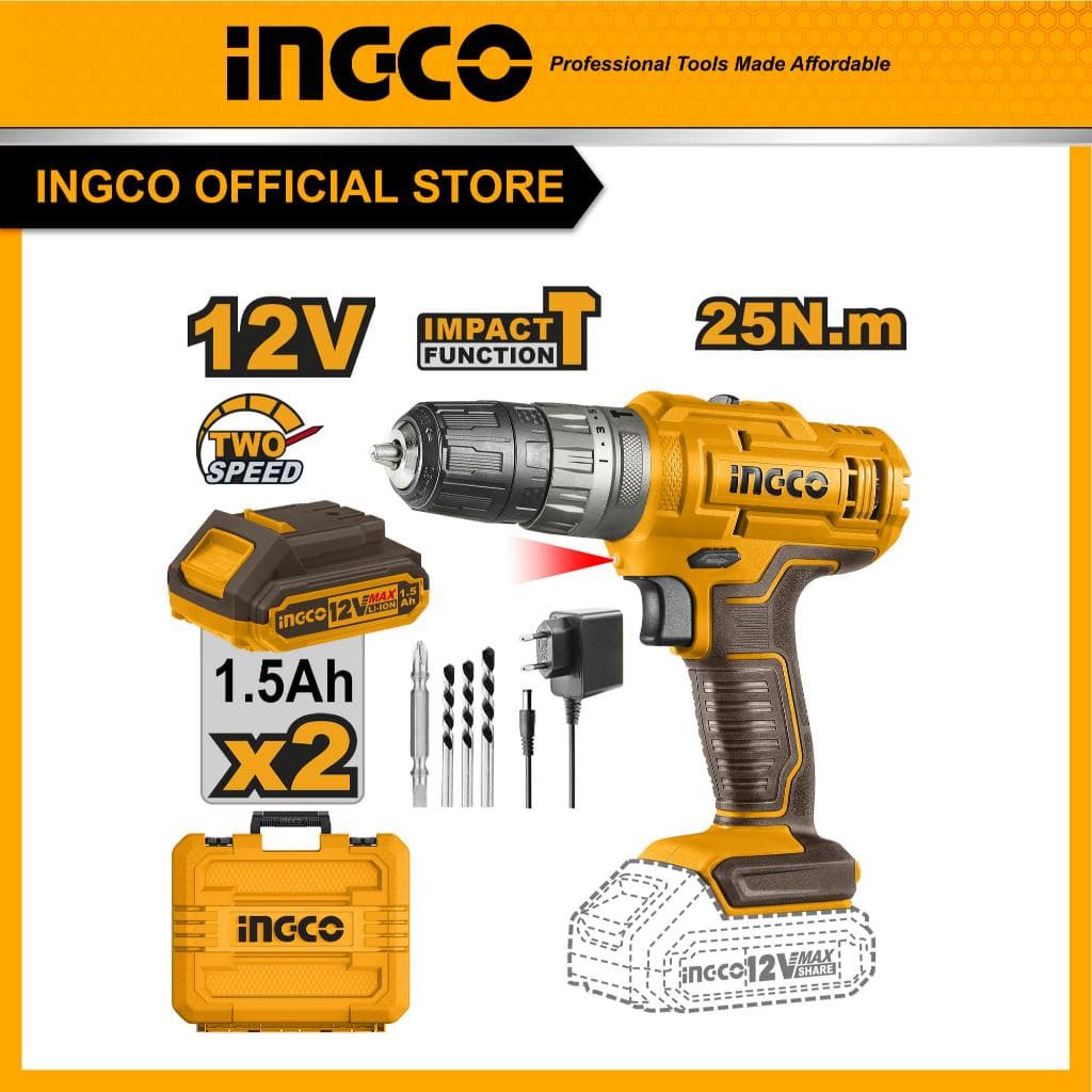 INGCO รุ่น CIDLI1228 แรงบิด 25 N.m สว่านไร้สาย 3 ระบบ เจาะ ขันสกรู กระแทก ชุดสว่านกระแทกไร้สายแบตเตอรี่ Li-ion 12V รวมแบตและที่ชาร์จ https://wayoza.com