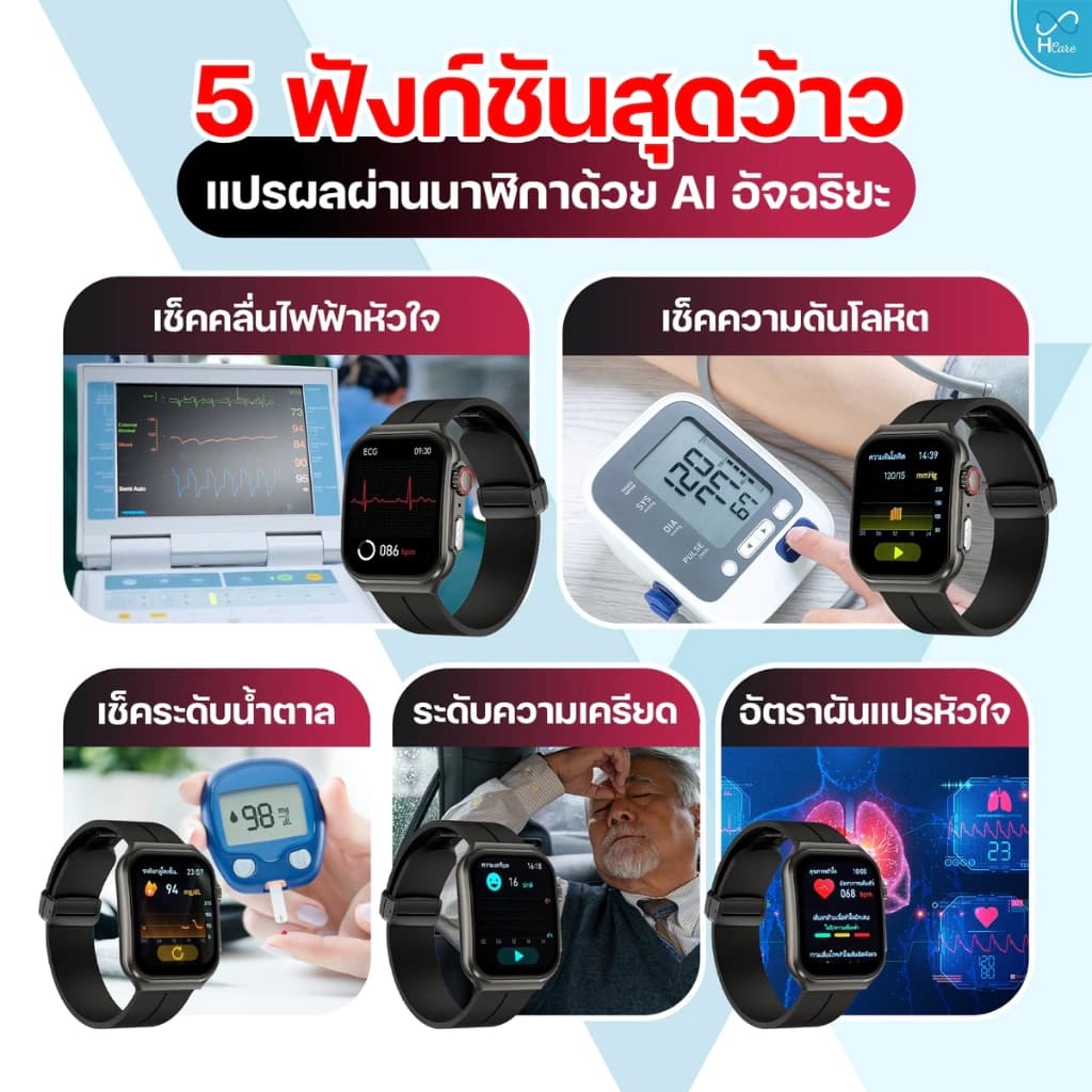 Hcare Wow 2 นาฬิกาวัดความดัน-คลื่นไฟฟ้าหัวใจ-ระดับน้ำตาล-มวลร่างกาย-รับสายโทรออก https://wayoza.com