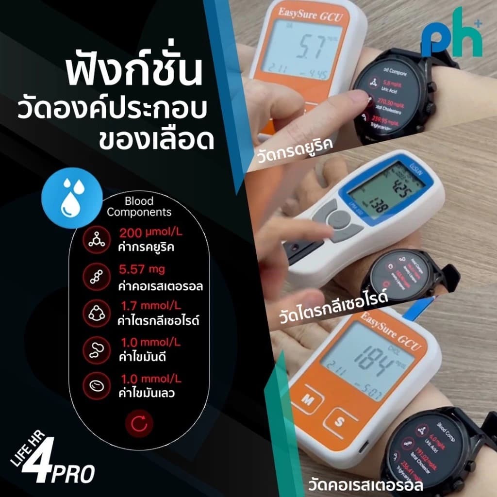 Pure Health PH Life HR4 Pro นาฬิกาวัดความดัน ไขมัน น้ำตาลในเลือด กรดยูริค คลื่นไฟฟ้าหัวใจ ECG รับสายโทรออก พร้อมระบบ SOS https://wayoza.com
