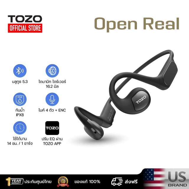 TOZO Open Real หูฟังบลูทูธ หูฟังไร้สาย หูฟังออกกำลังกาย Open-ear Design Bluetooth 5.3