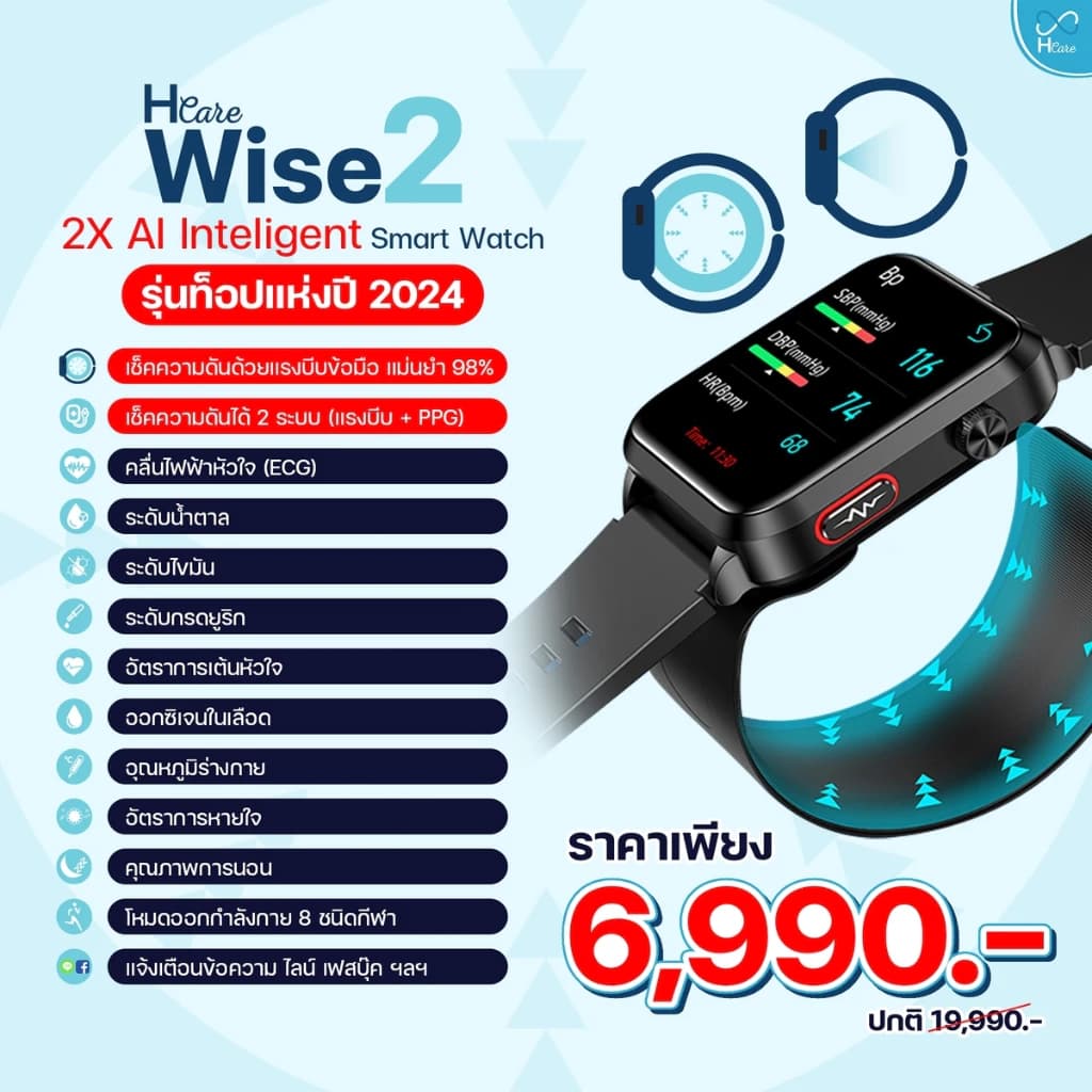 Hcare Wise2 นาฬิกาสุขภาพ-เช็คความดันระบบAirPump-ECG-ระดับน้ำตาล-ไขมัน-ยูริก https://wayoza.com