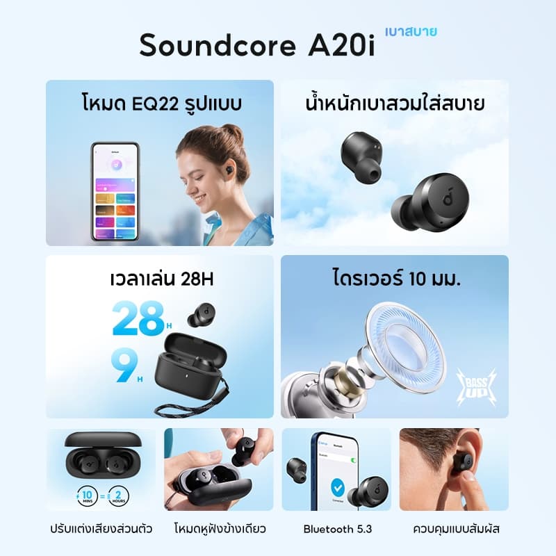 Soundcore A20i True Wireless Bluetooth 5.3 Earphone หูฟังบลูทูธ Noise Cancelling Earbuds Bass Up A3948 https://wayoza.com