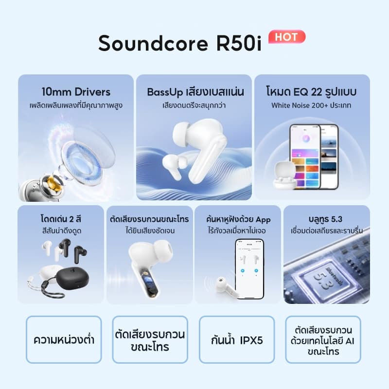 Soundcore R50i /R50i NC (P30i) หูฟังบลูทูธ สายหูฟังไร BassUp หูฟังไร้สาย บลูทูธ 5.3 EQ และกันน้ําระดับ IPX5, Game Mode https://wayoza.com