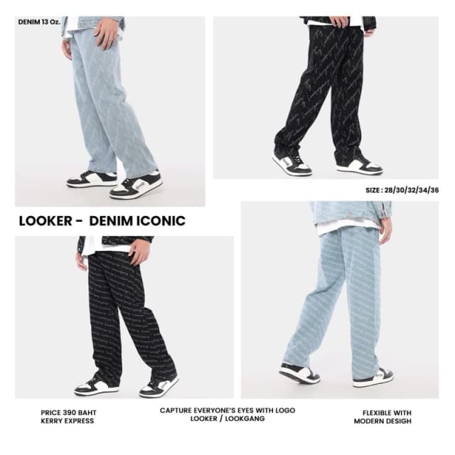 LOOKER - BLACK DENIM ICONIC กางเกงยีนส์ขายาว กางเกงยีนส์เดนิม มีลายแบรนด์ สีดำ สีฟอก