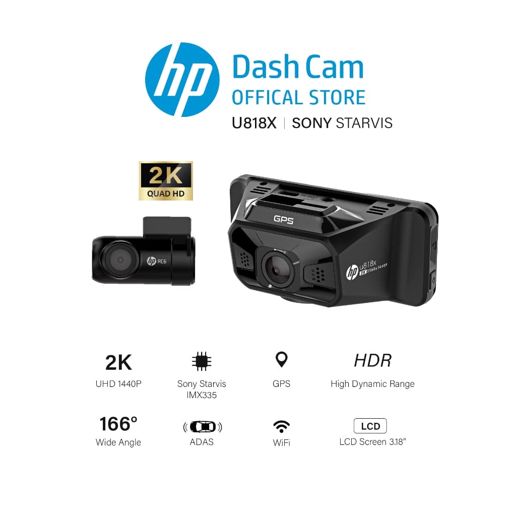 HP U818X กล้องติดรถยนต์ 2K Dash Cam กล้องหลัง SONY STARVIS GPS + WiFi + ADAS มุมกว้าง 166 ° องศา กล้องติดรถยนต์ https://wayoza.com