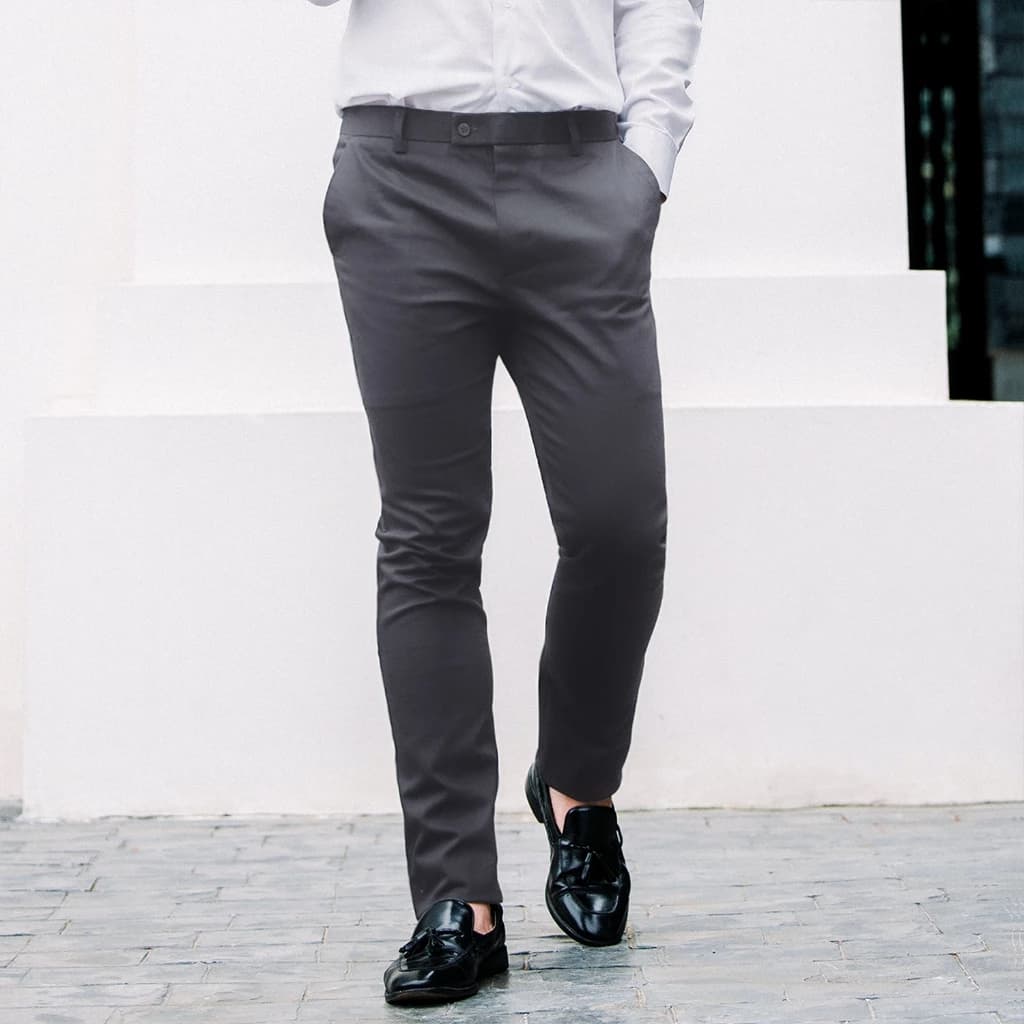 Normal Boy กางเกงขายาวสแล็คผู้ชาย ผ้าซาตินยืด ทรงกระบอกเล็ก (Slim-fit) สีกากี สีเทาอ่อน สีเทาเข้ม สีกรมท่า สีดำ https://wayoza.com