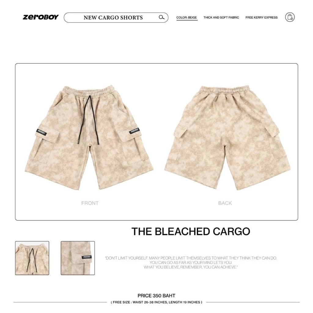 ZEROBOY - The Bleached Cargo กางเกงขาสั้นคาร์โก้ 3 สี Black Gray Beige สีดำ สีเทา สีเบจ https://wayoza.com