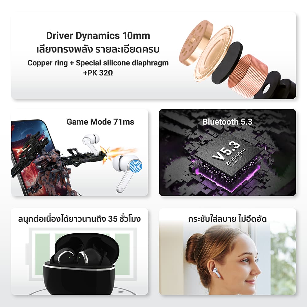 iSuper Evo Buds Life หูฟังไร้สาย Bluetooth 5.3 ไมค์ตัดเสียงรบกวน แบตอึด 35 ชม. รองรับแอป iSuper Play https://wayoza.com