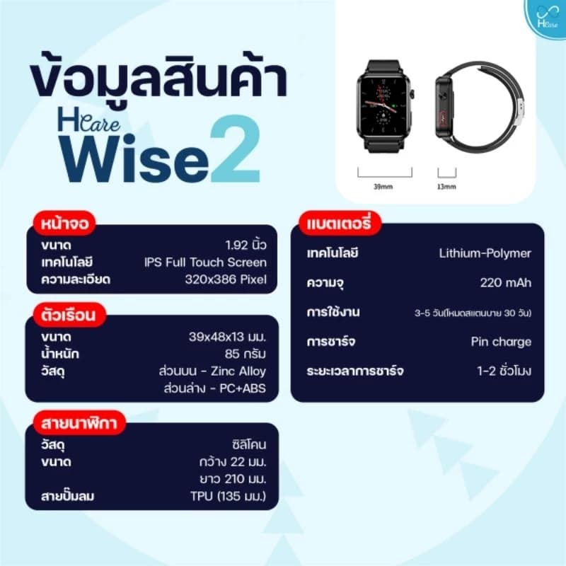 Hcare Wise2 นาฬิกาสุขภาพ-เช็คความดันระบบAirPump-ECG-ระดับน้ำตาล-ไขมัน-ยูริก https://wayoza.com