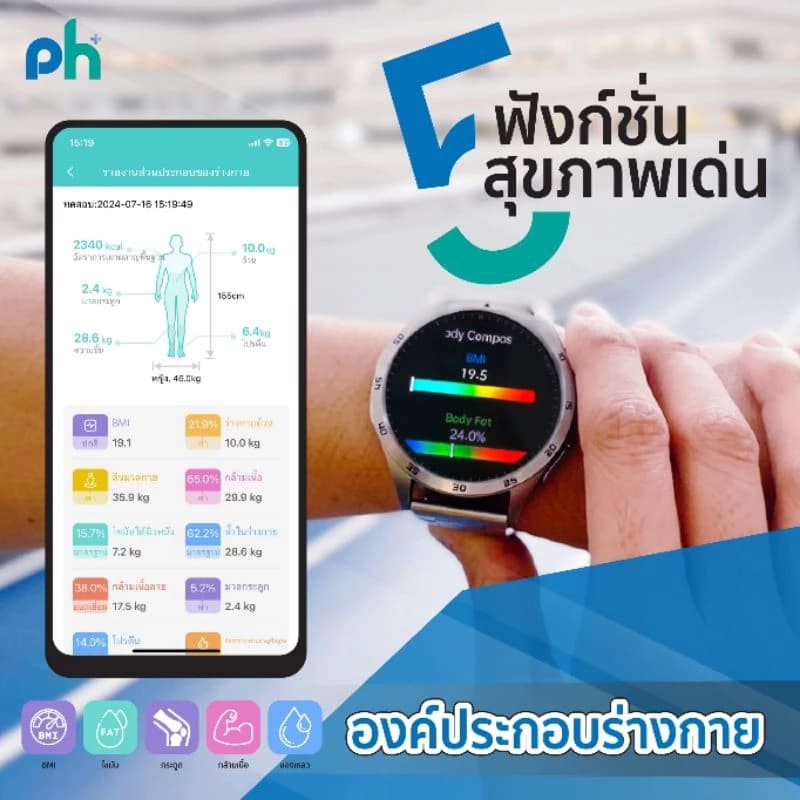 Pure Health PH Life HR5 นาฬิกาเพื่อสุขภาพ จอ AMOLED วัดความดัน ไขมัน น้ำตาลในเลือด กรดยูริค ความเครียด อารมณ์ คลื่นไฟฟ้าหัวใจ https://wayoza.com