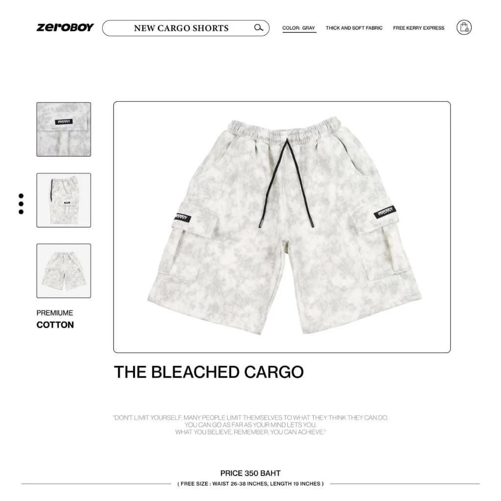 ZEROBOY - The Bleached Cargo กางเกงขาสั้นคาร์โก้ 3 สี Black Gray Beige สีดำ สีเทา สีเบจ https://wayoza.com