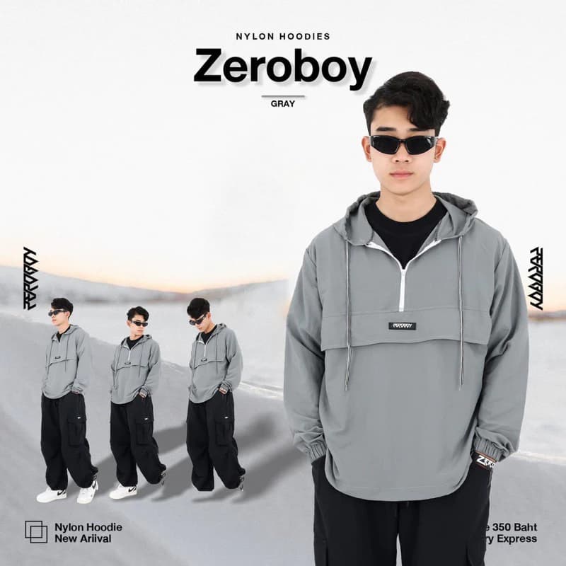 ZEROBOY - NYLON HOODIES “ รุ่น 5 สี สีขาว สีครีม สีเทา สีกรม สีดำ https://wayoza.com