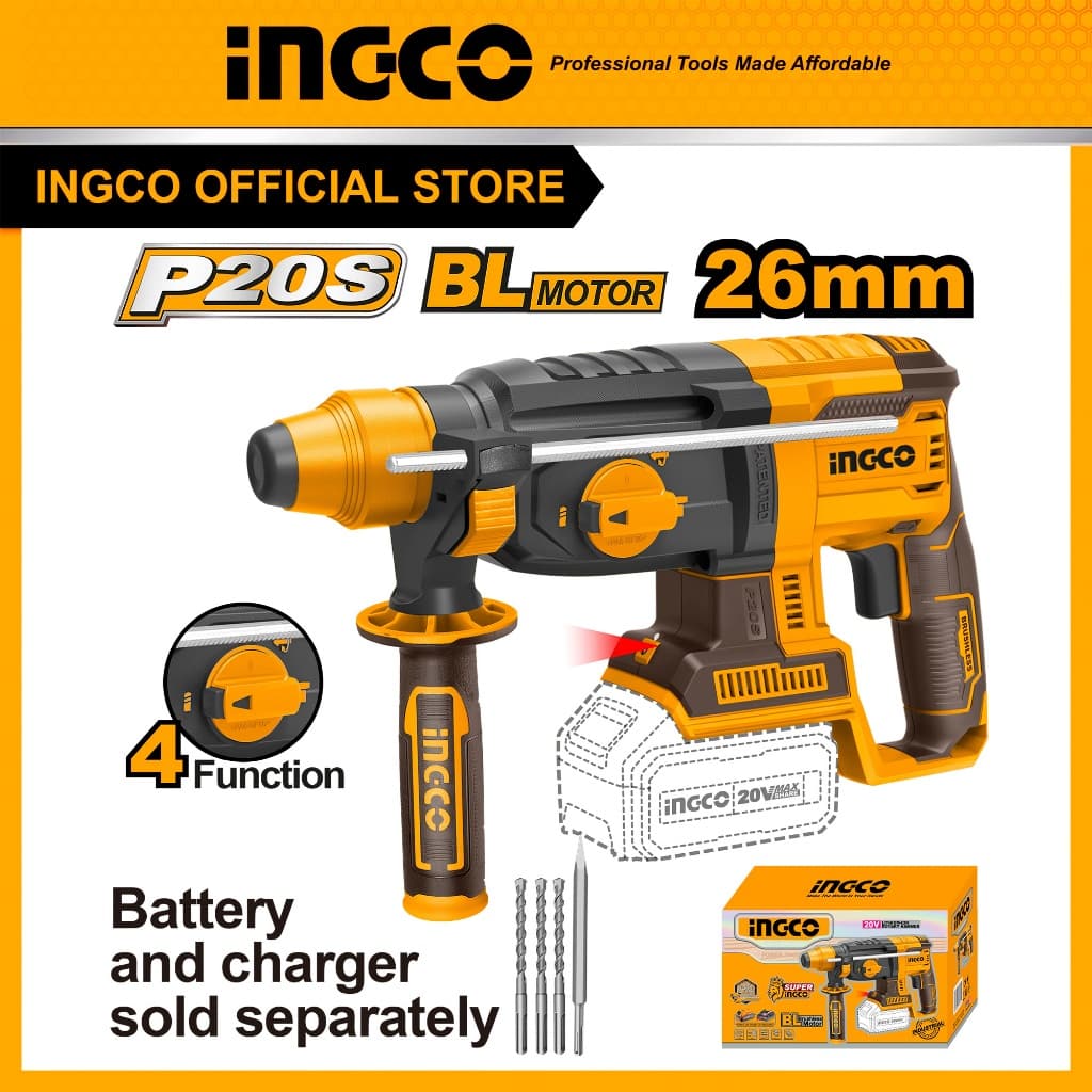 INGCO รุ่น CRHLI20228 สว่านโรตารี่ไร้สาย สว่านเจาะผนังปูน สว่านโรตารี่ 26mm 20V https://wayoza.com