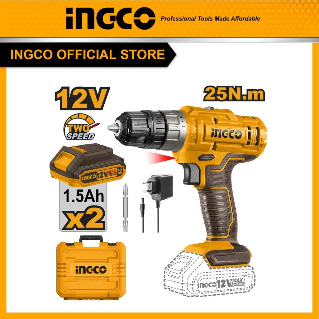 INGCO รุ่น CDLI1228 แรงบิด 25 N.m ไขควงคลัชไร้สาย เจาะ ขันสกรู ชุดสว่านไร้สายแบตเตอรี่ Li-ion 12V รวมแบตและที่ชาร์จ https://wayoza.com