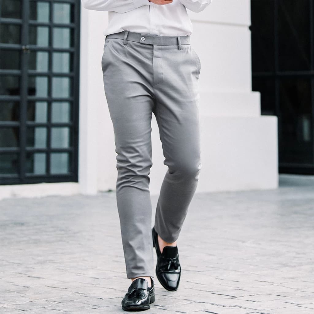 Normal Boy กางเกงขายาวสแล็คผู้ชาย ผ้าซาตินยืด ทรงกระบอกเล็ก (Slim-fit) สีกากี สีเทาอ่อน สีเทาเข้ม สีกรมท่า สีดำ https://wayoza.com