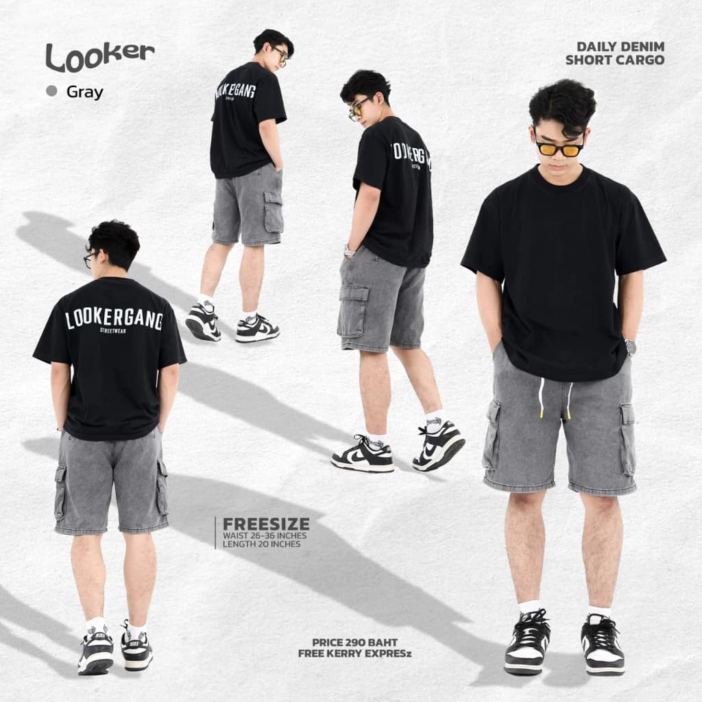 LOOKER - กางเกงยีนส์ขาสั้นเอวยางยืด cargo กางเกงคาร์โก้ขาสั้น สีฟอก สีดำ https://wayoza.com